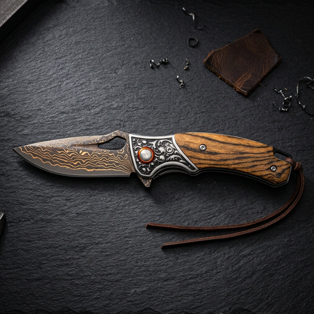 Wholesale Sigma Acid Wood Damascus Ball Bearing Flipper Knife