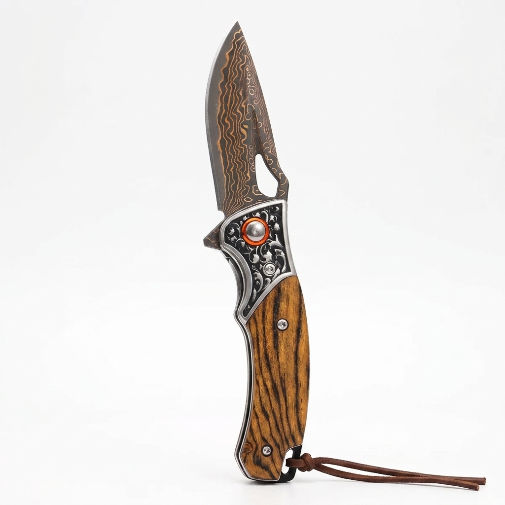 Wholesale Sigma Acid Wood Damascus Ball Bearing Flipper Knife