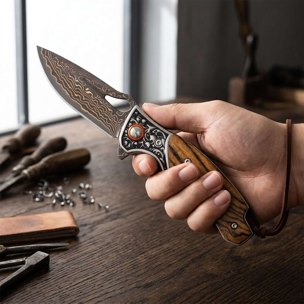 Wholesale Sigma Acid Wood Damascus Ball Bearing Flipper Knife