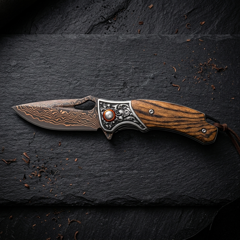 Wholesale Sigma Acid Wood Damascus Ball Bearing Flipper Knife