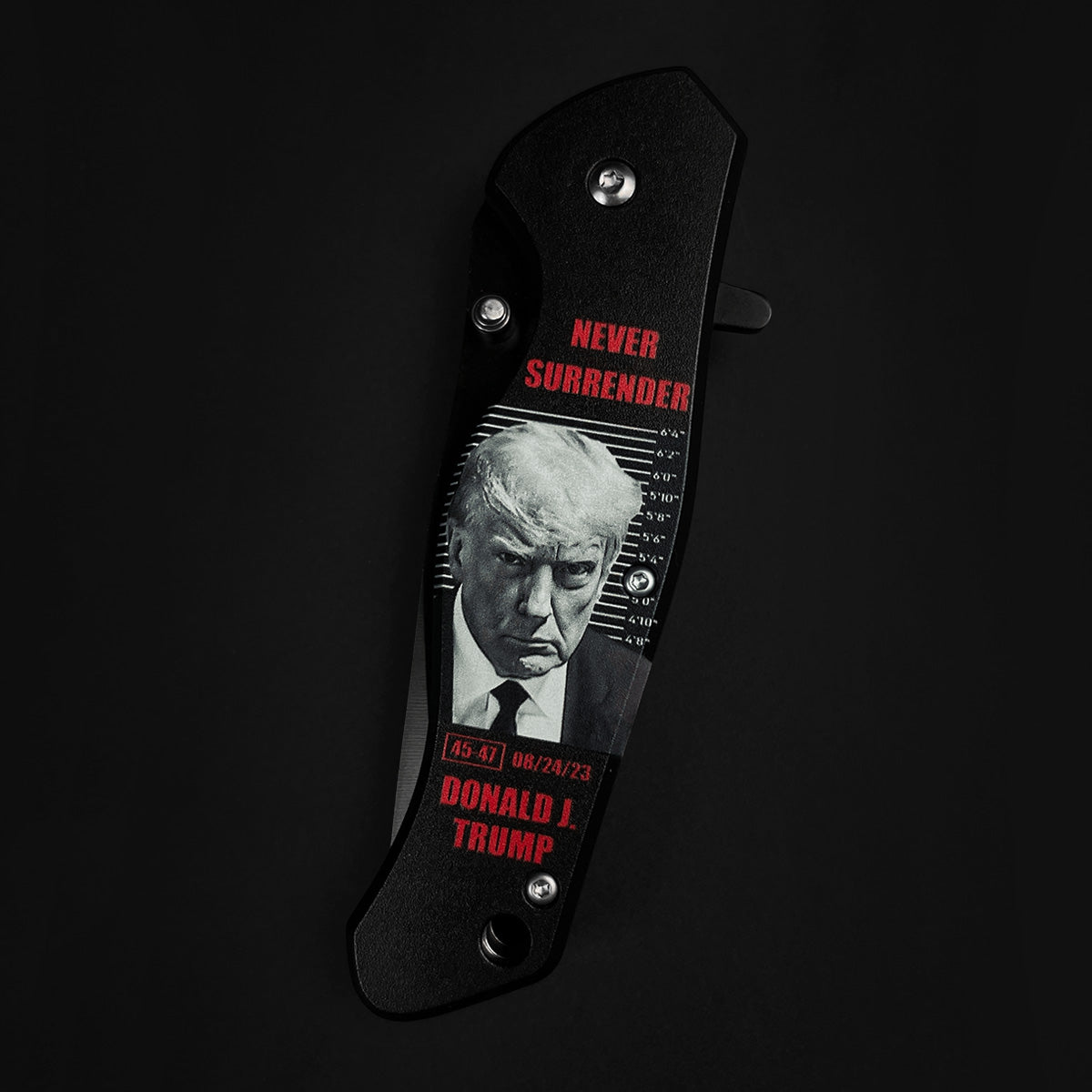 Pacific Solution President Trump Knife - Never Give Up Pocket Knife with sleek black handle and detailed design