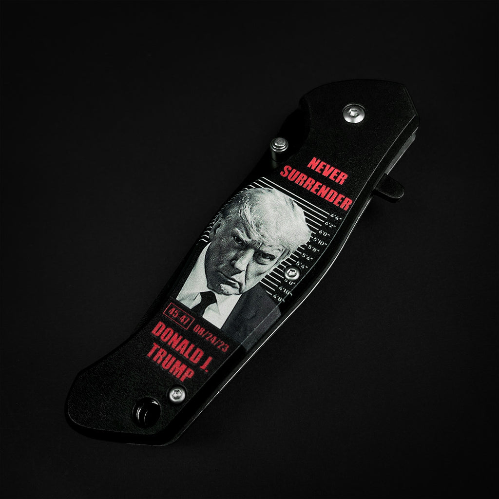 President Trump Knife - Never Give Up Pocket Knife with bold graphics and sturdy design