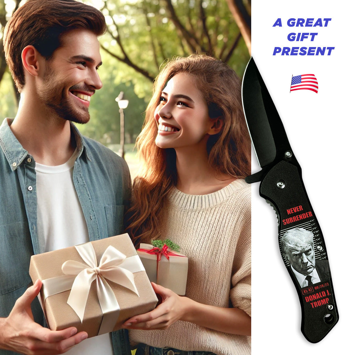 Pacific Solution President Trump Knife - Never Give Up Pocket Knife with stylish design and happy couple gifting