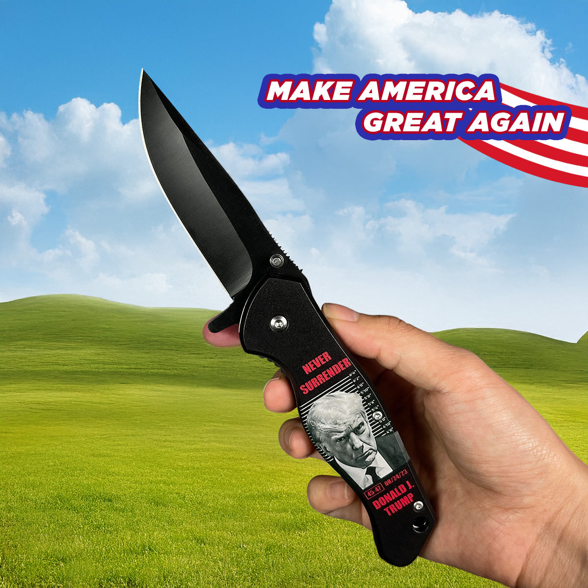President Trump Knife - Never Give Up Pocket Knife with black blade and Trump graphic design