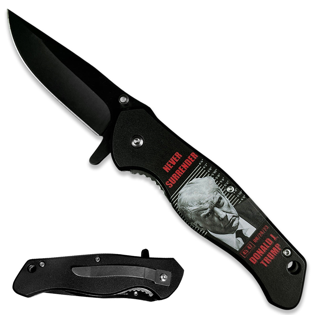 Pacific Solution President Trump Knife - Never Give Up Pocket Knife with sleek black blade and grip