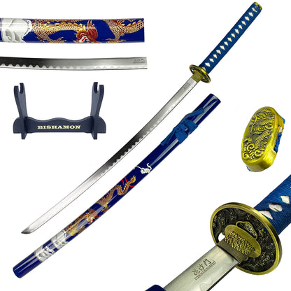 Bishamon Blue Dragon Samurai Sword w/ Stand