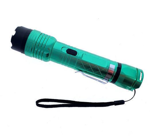 Thunder Blast Stun Gun with Flashlight in green color featuring a compact design and built-in safety measures