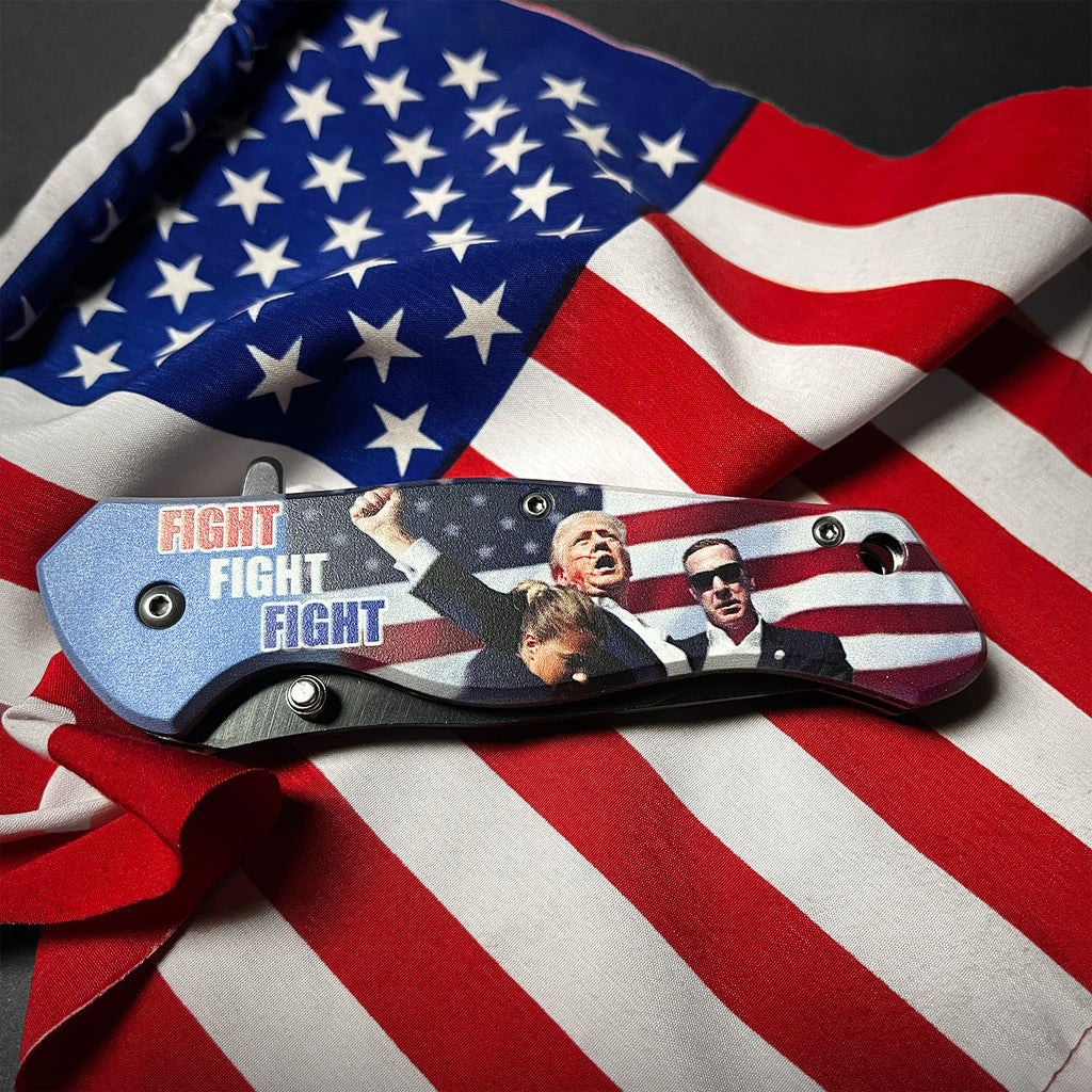 Fight Fight Fight President Trump Pocket Knife with a patriotic design featuring American flag colors