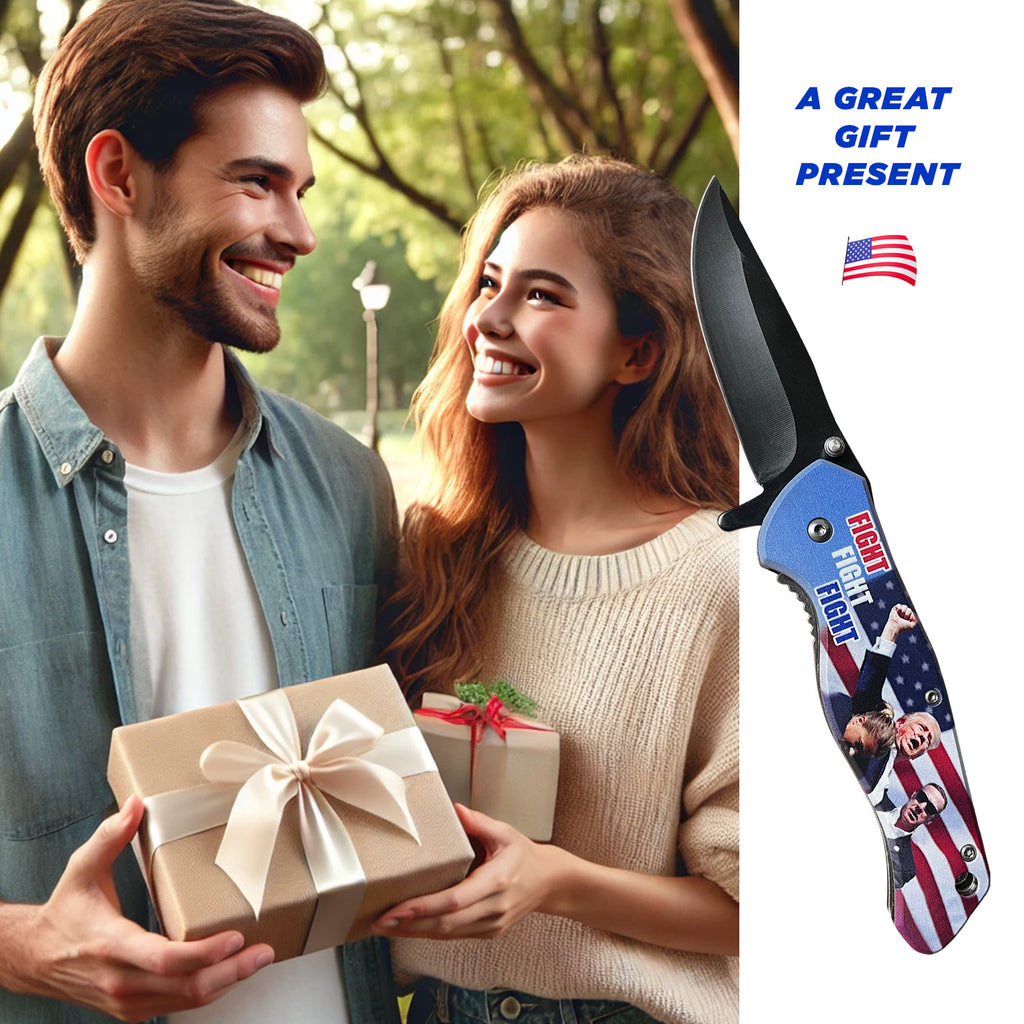 Spring Assisted Pocket Knife featuring 'Fight Fight Fight' President Trump design, perfect gift for enthusiasts