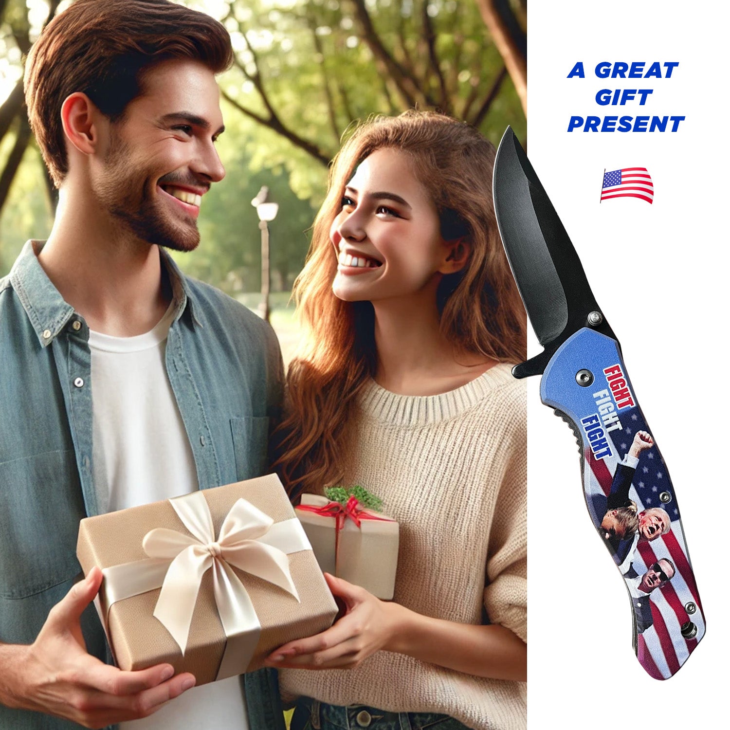 Spring Assisted Pocket Knife featuring 'Fight Fight Fight' President Trump design, perfect gift for enthusiasts