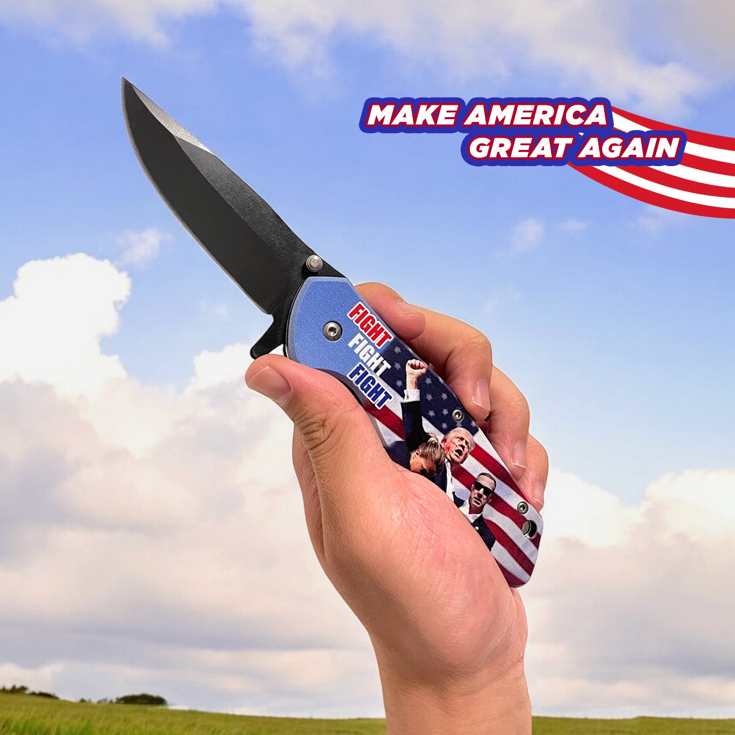 Fight Fight Fight President Trump Pocket Knife with spring-assisted blade and patriotic design