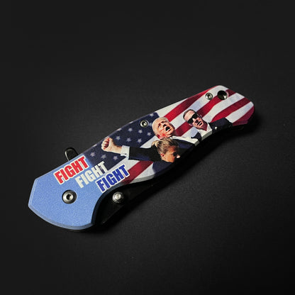 Fight Fight Fight President Trump Pocket Knife with American Flag Design and Spring Assisted Opening