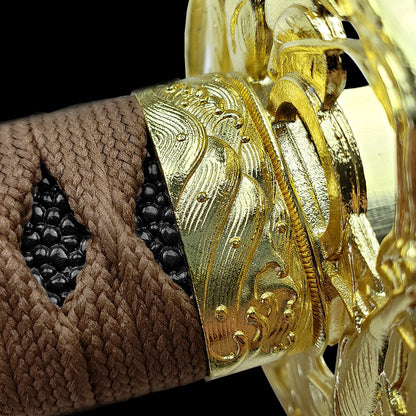 Intricate detail on Musha Wholesale Damascus Katana for Sale handle with decorative wrapping