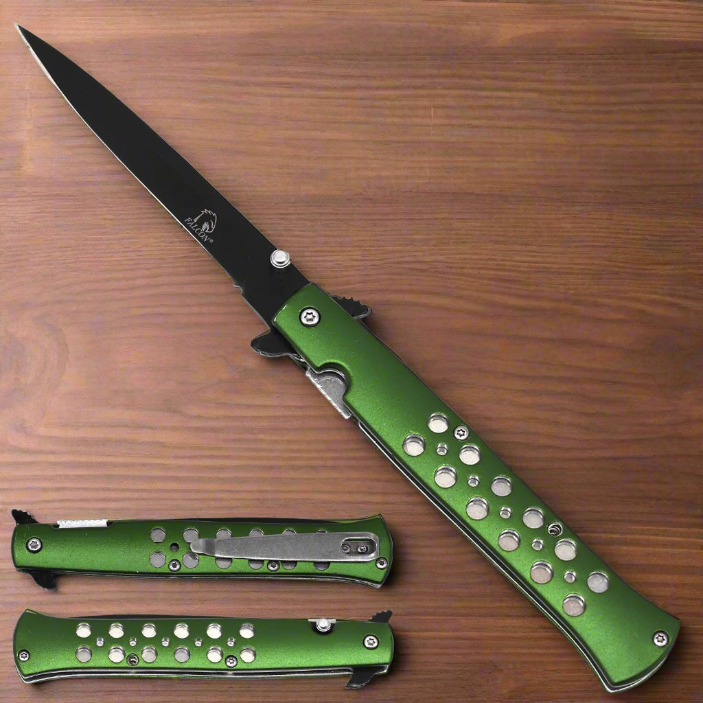 Wholesale Falcon Green Stiletto Spring Assisted Pocket Knife with textured grip and sleek design