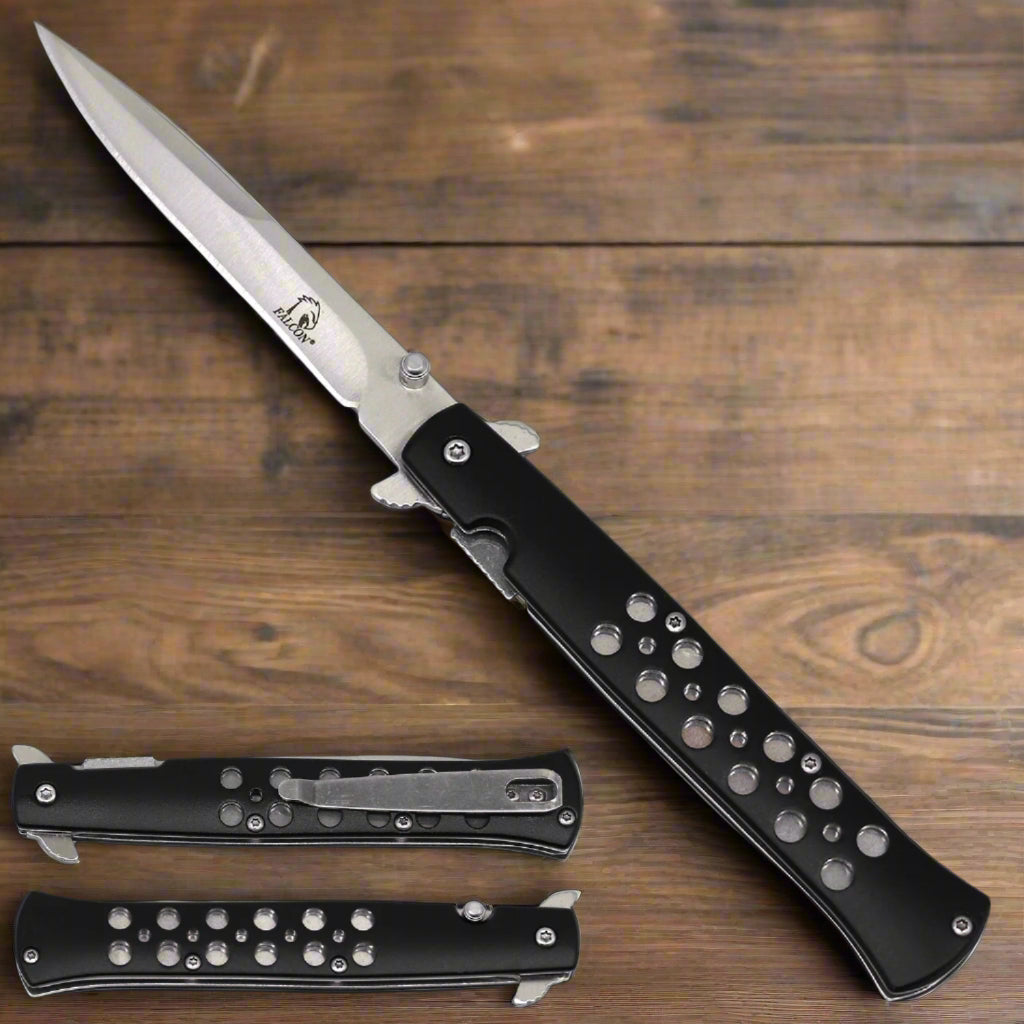 Wholesale Falcon Spring Assisted Stiletto Pocket Knife with sleek black handle and stainless steel blade