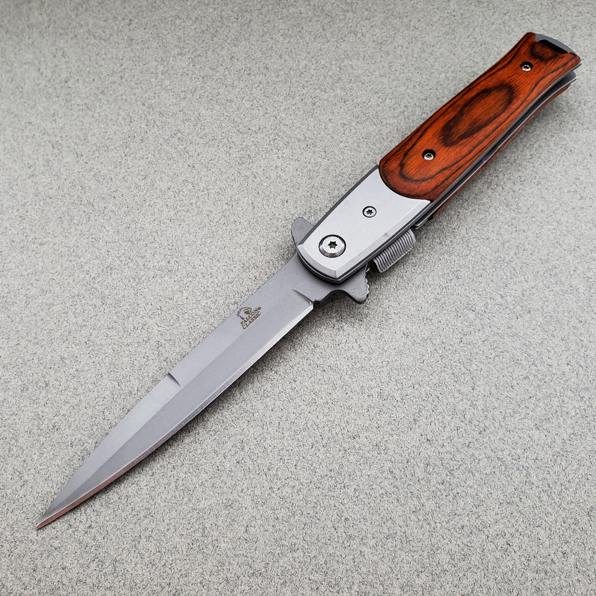 Wholesale Falcon Wooden Handle Pocket Knives for Resellers with Spring Assisted Opening and Sharp Blade