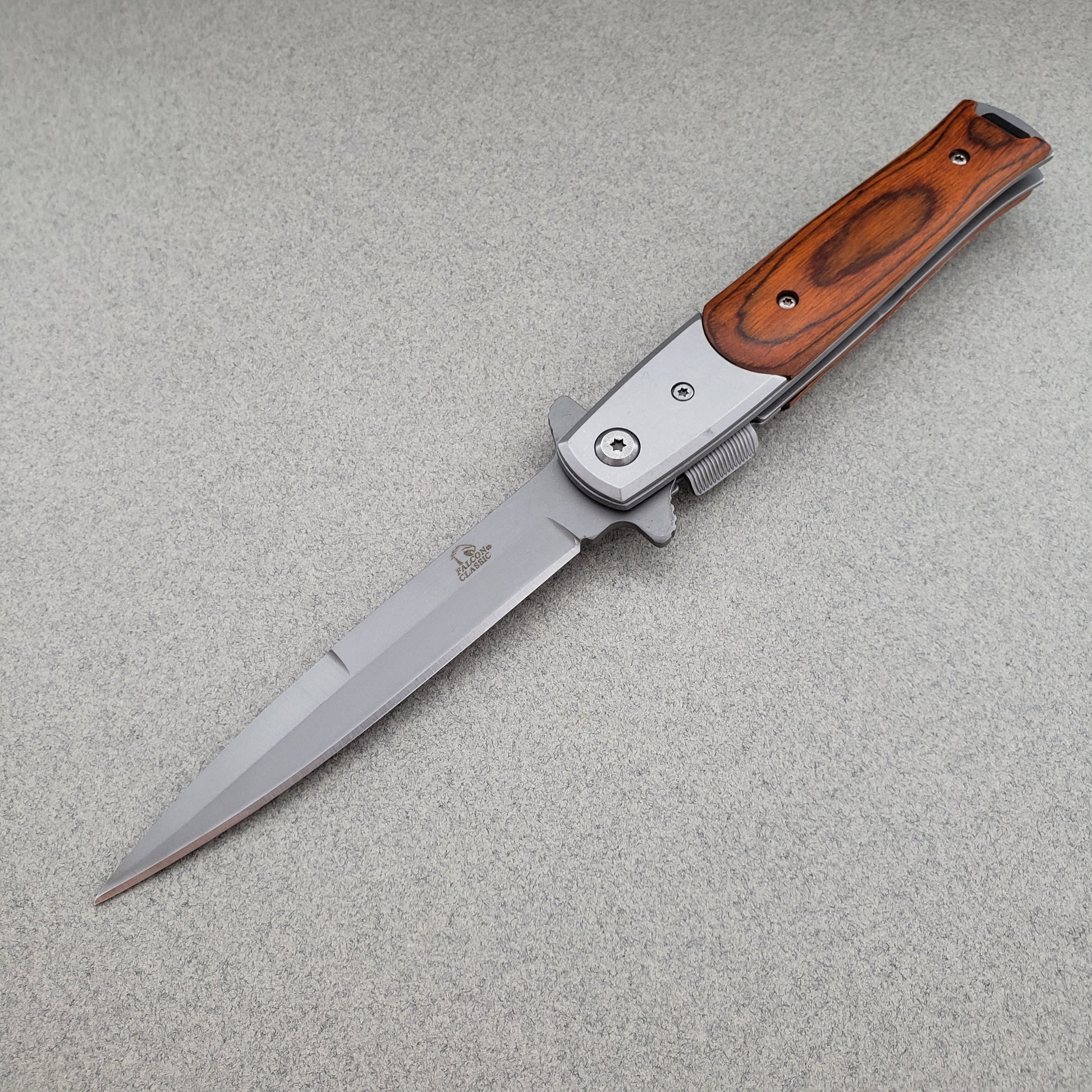 Wholesale Falcon Wooden Handle Pocket Knives for Resellers with Silver Blade and Smooth Open Mechanism