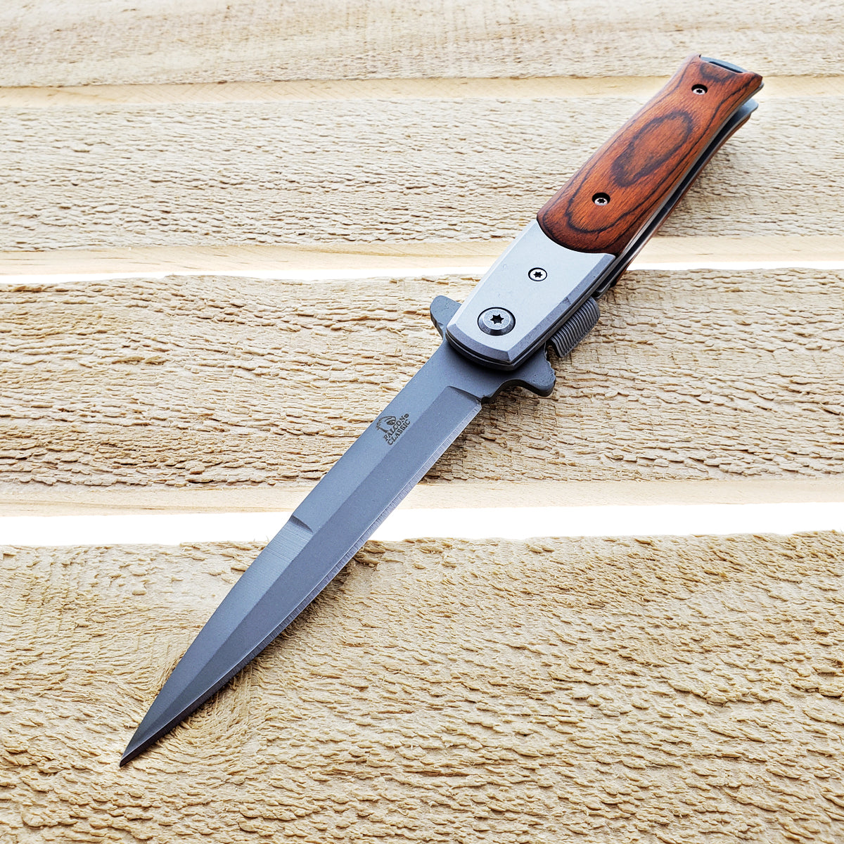 Wholesale Falcon Wooden Handle Pocket Knives for Resellers with sleek stainless steel blade