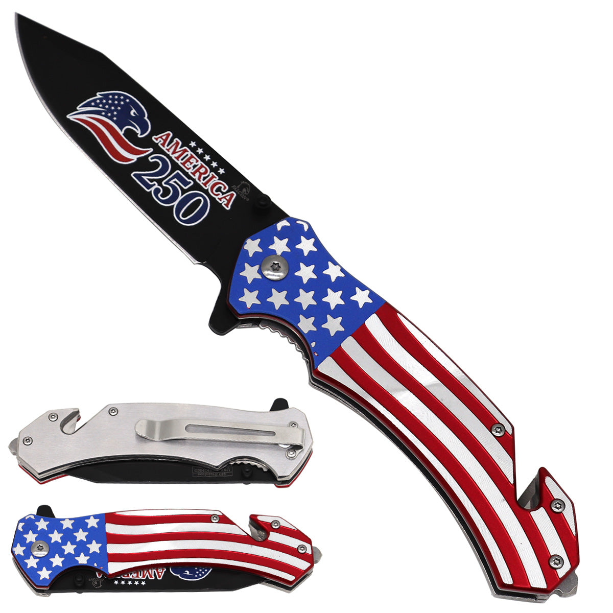 Falcon Spring Assisted Pocket Knife featuring American flag design for the Wholesale Knives USA 250th Anniversary Pocket Knife
