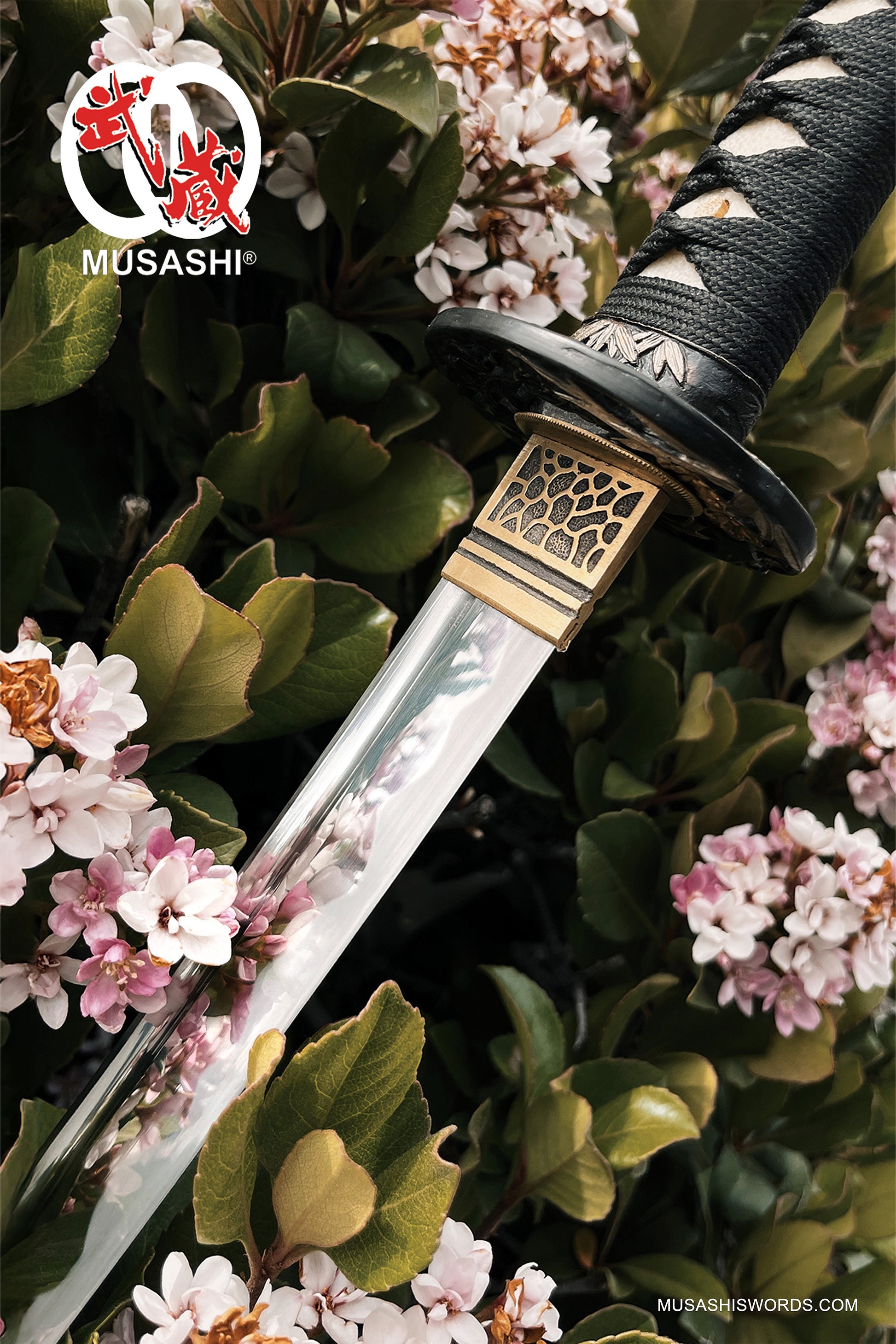 Beautifully crafted Wholesale Musashi Samurai Sword Katana with intricate details among blooming flowers