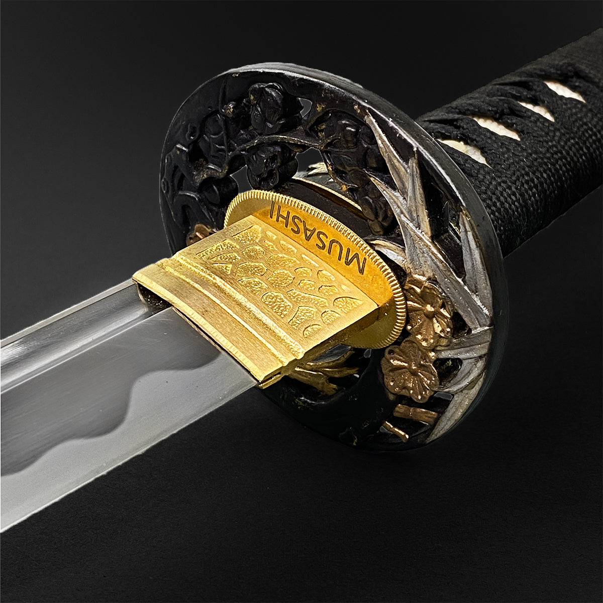 Close-up of a Musashi Samurai Sword Katana with intricate tsuba and blade details for wholesale Musashi Samurai Sword Katana