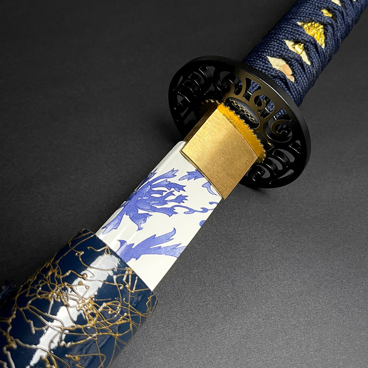 Close-up of Wholesale Musha Samurai Sword Katana handle showing intricate design and details