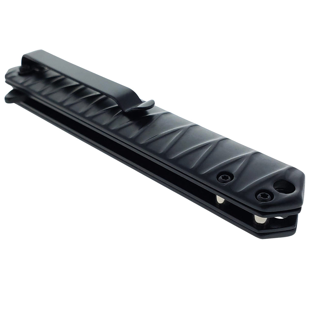 Pacific Solution Wholesale Tanto Pocket Knife with a sturdy black handle and clip for easy carrying