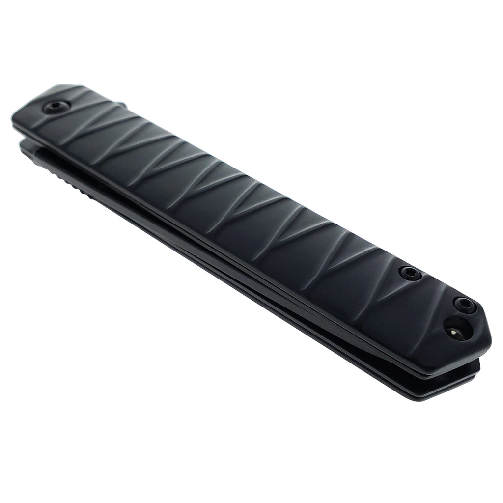 Pacific Solution Wholesale Tanto Pocket Knife with a sleek black design and textured grip