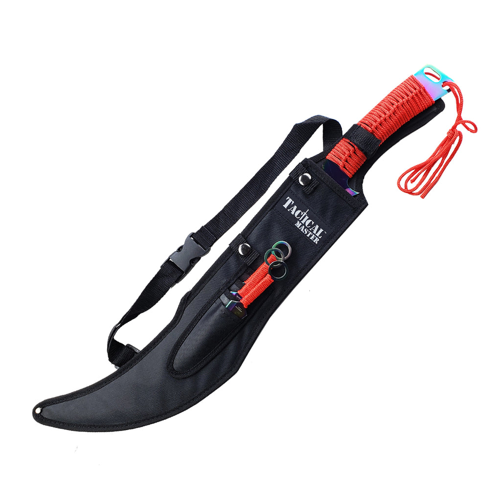 Tactical Master 26" Red Handle Rainbow Blade Machete with 3 pcs 6" throwing knife