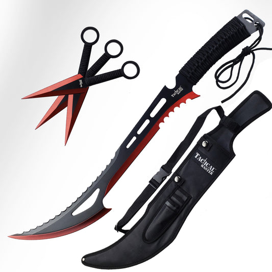 Tactical Master 26" Red Machete with 3 pcs 6" throwing knife