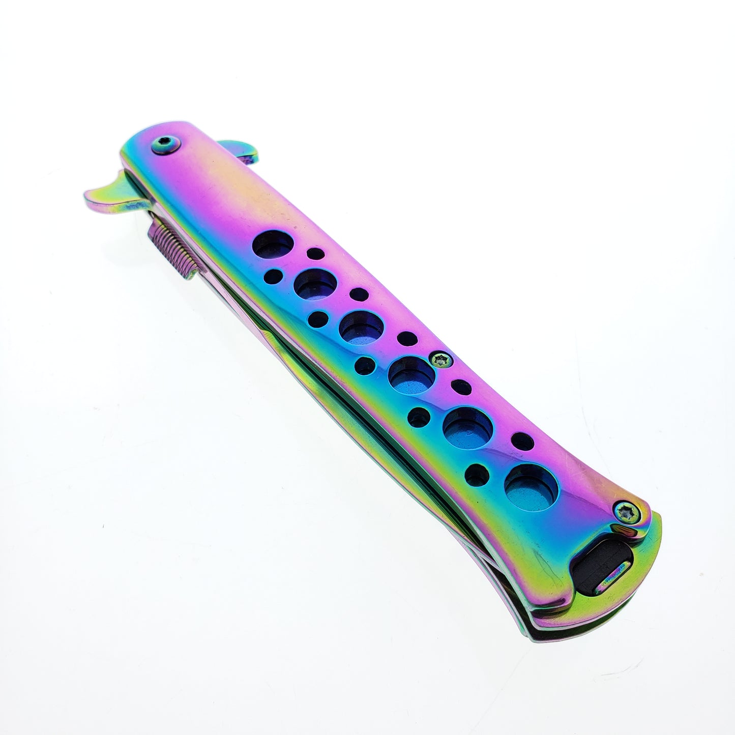 Falcon 9" Overall Metal Spring Assisted Knife With Rainbow Coating