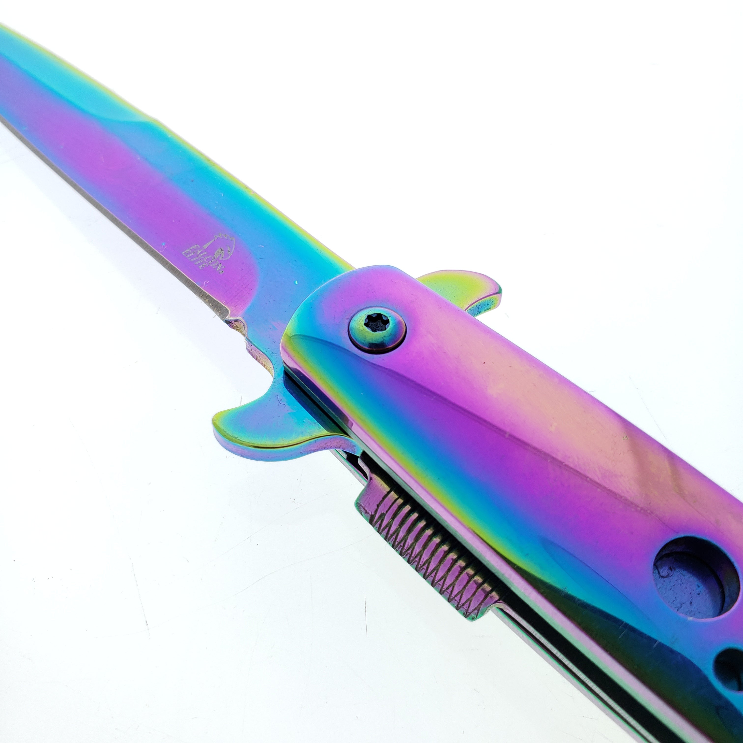 Falcon 9" Overall Metal Spring Assisted Knife With Rainbow Coating