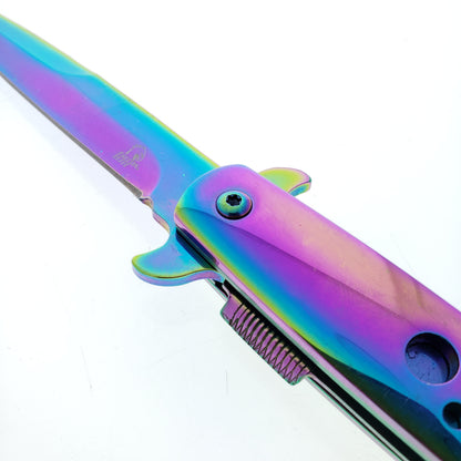 Falcon 9" Overall Metal Spring Assisted Knife With Rainbow Coating