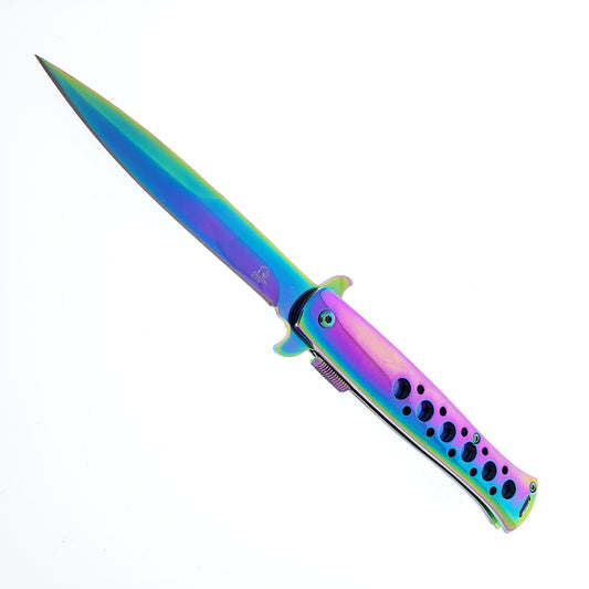 Falcon 9" Overall Metal Spring Assisted Knife With Rainbow Coating