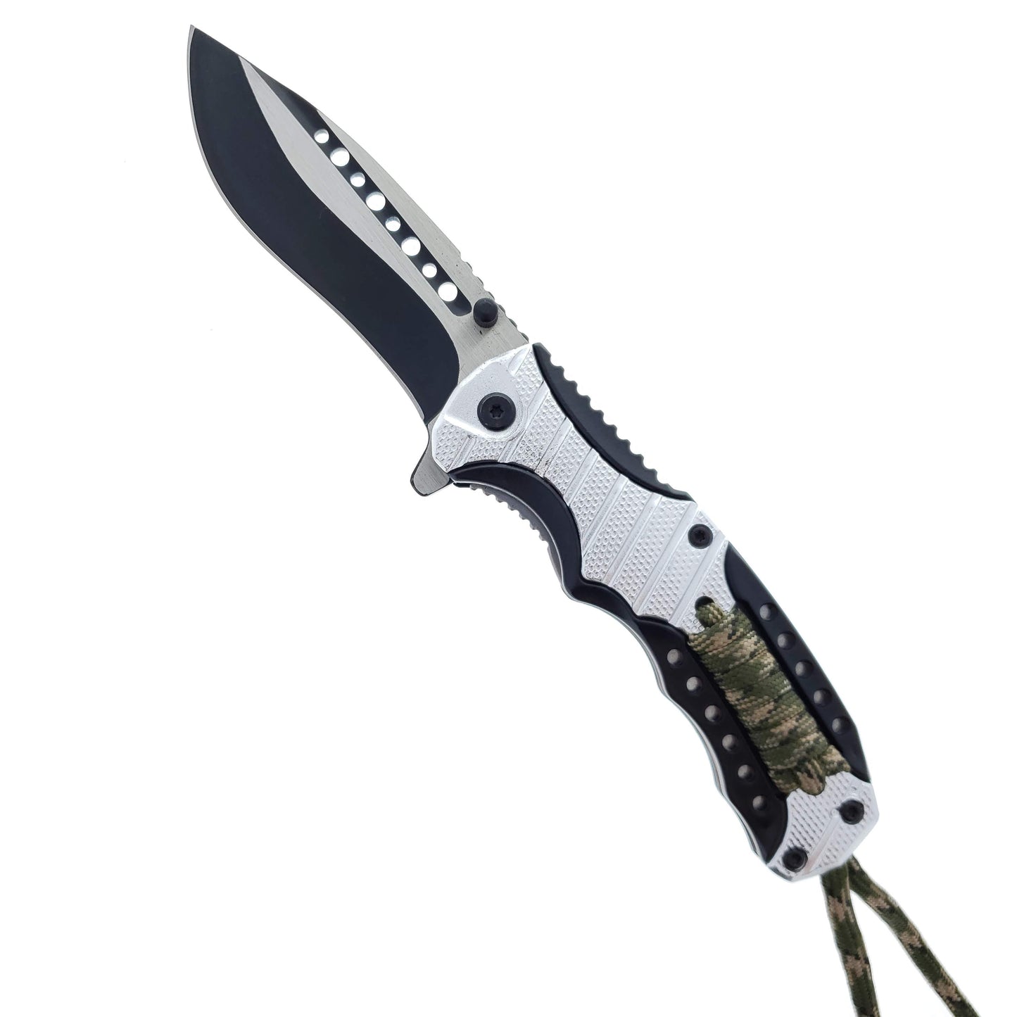 Falcon 8" Spring Assisted Knife Black & Silver Handle w/ paracord