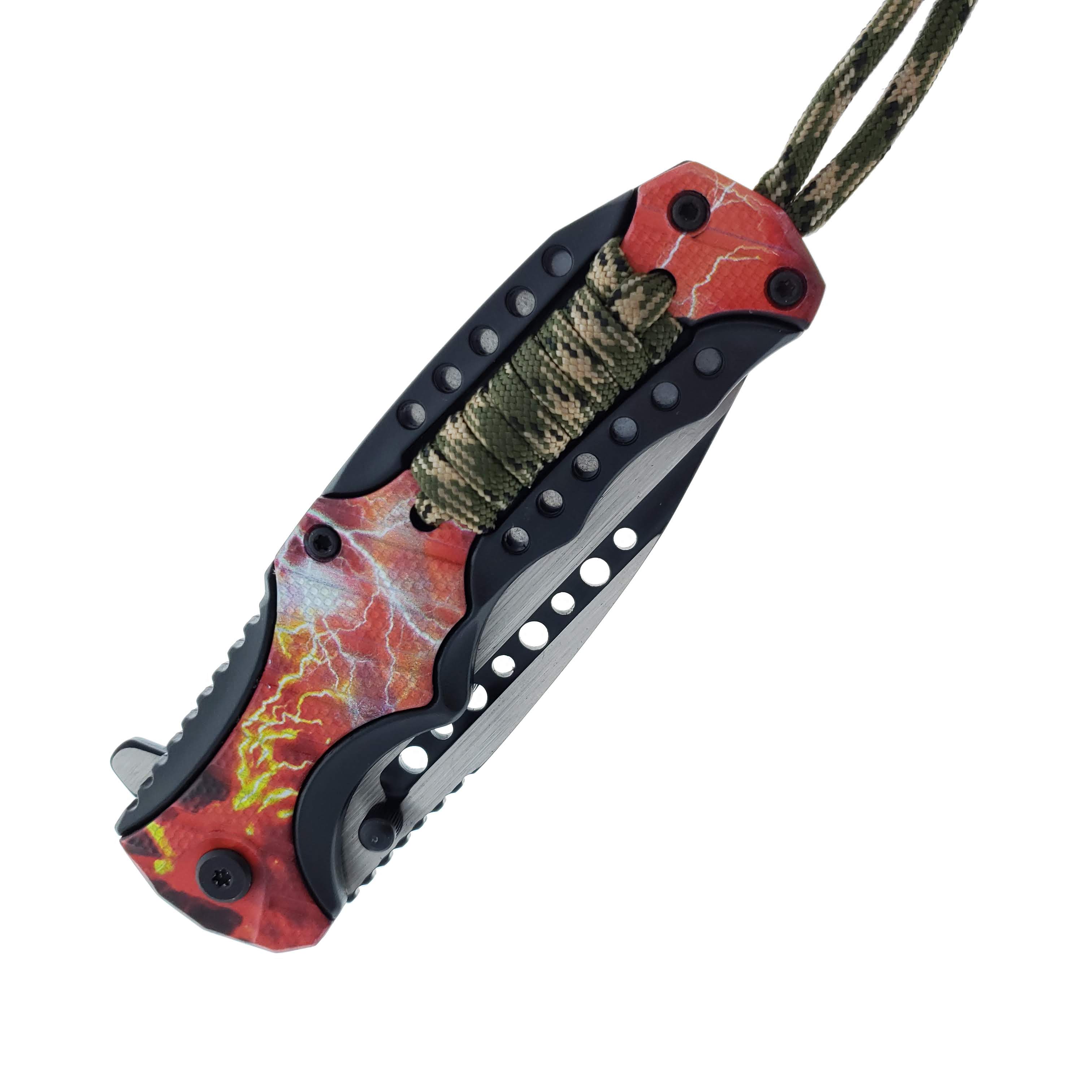 Falcon 8" Spring Assisted Knife Red Thunder Handle w/ paracord