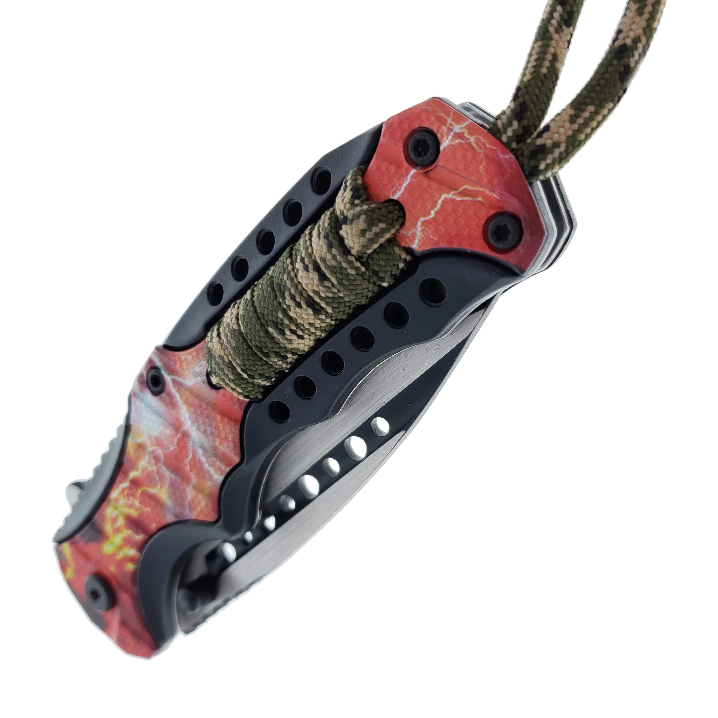 Falcon 8" Spring Assisted Knife Red Thunder Handle w/ paracord