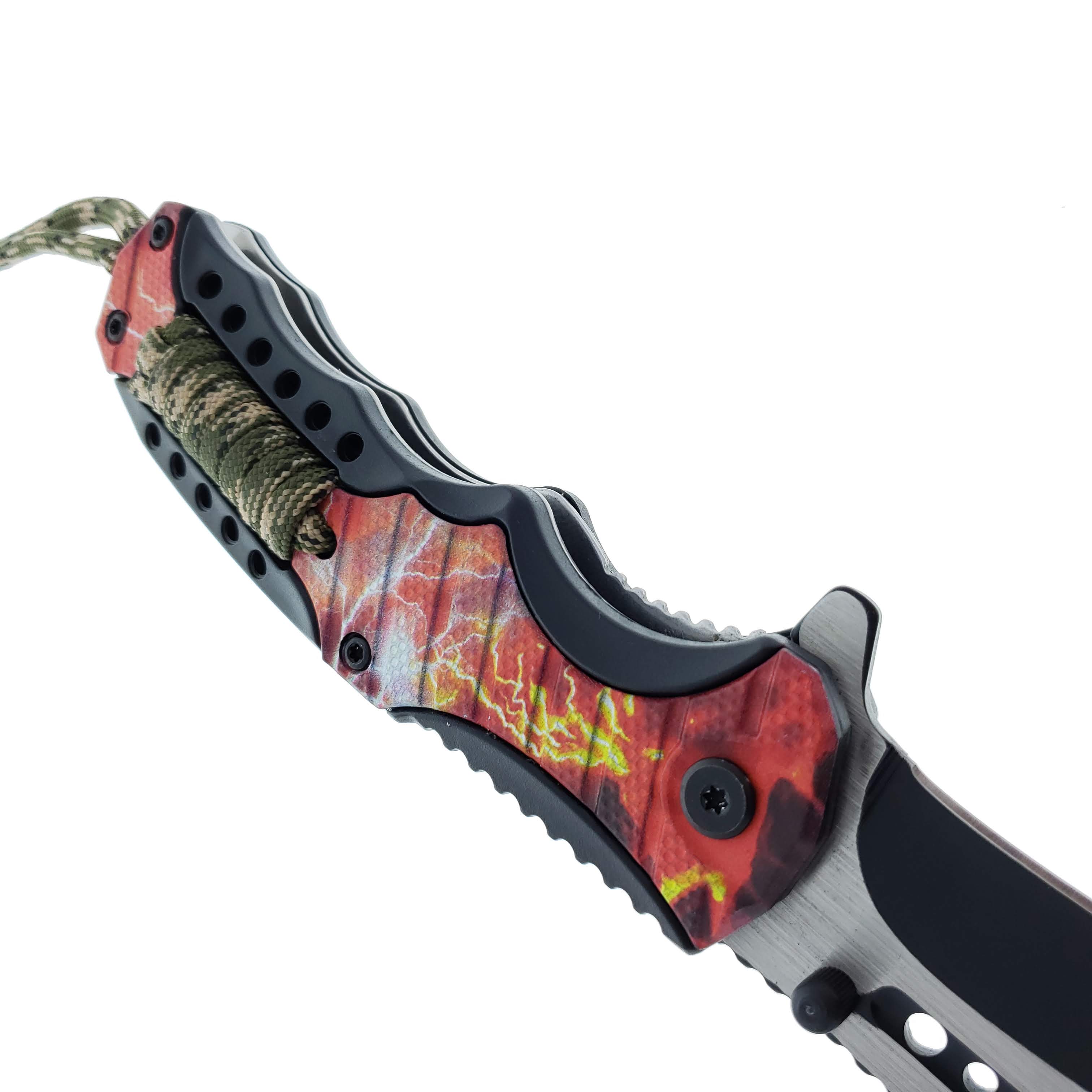 Falcon 8" Spring Assisted Knife Red Thunder Handle w/ paracord