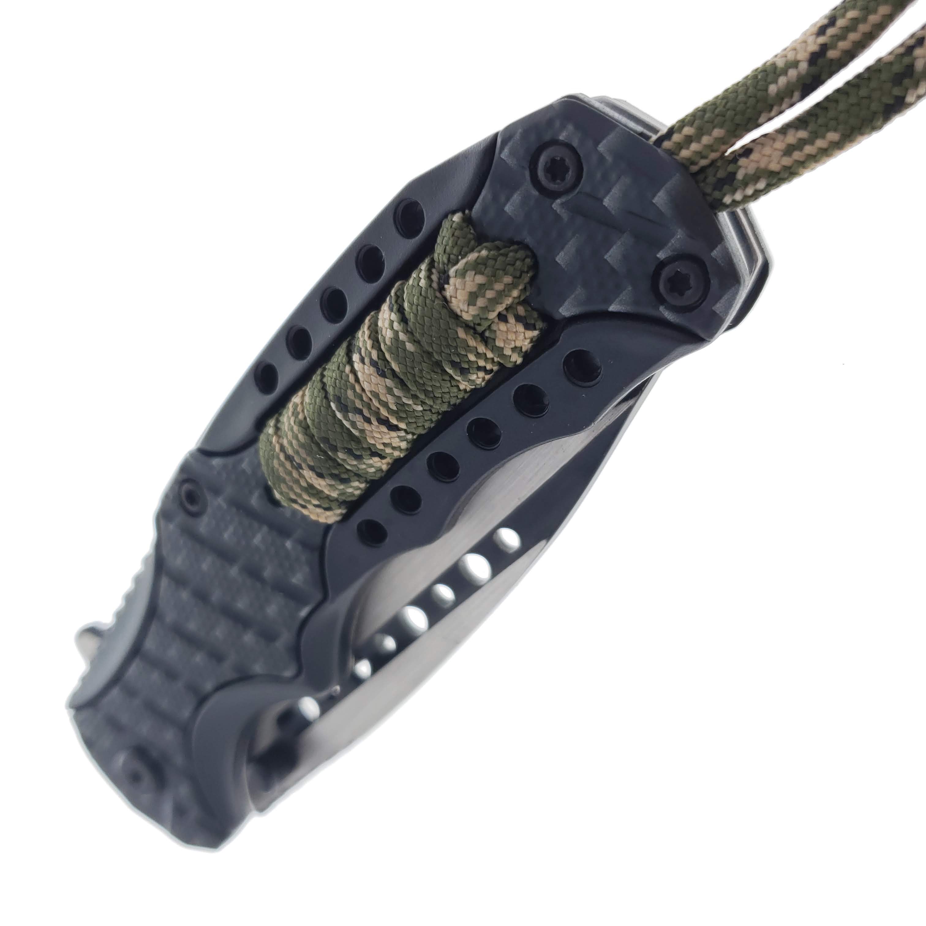 Falcon 8" Spring Assisted Knife Black Carbon Fiber Handle w/ paracord