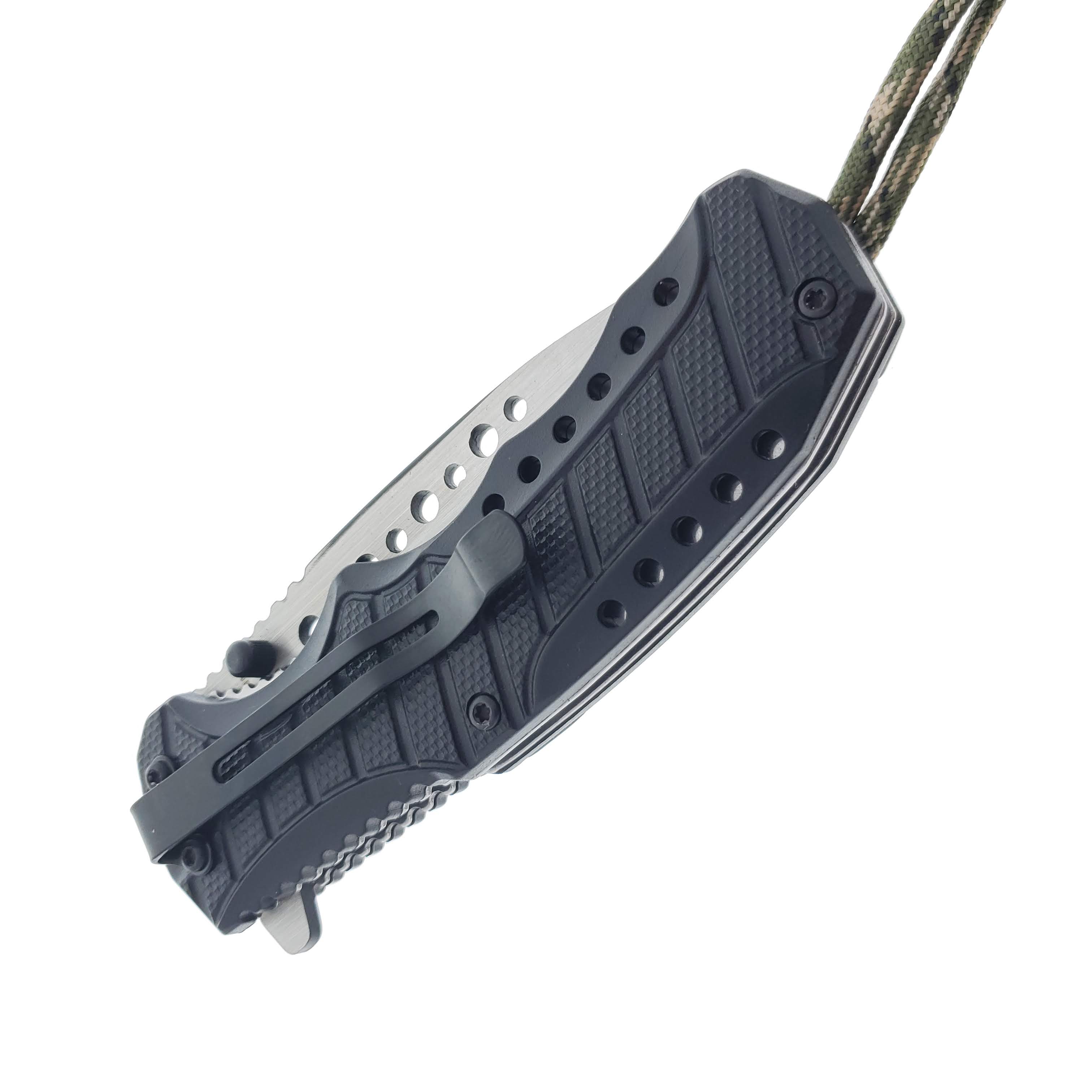 Falcon 8" Spring Assisted Knife Black Carbon Fiber Handle w/ paracord