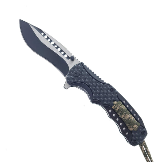 Falcon 8" Spring Assisted Knife Black Carbon Fiber Handle w/ paracord