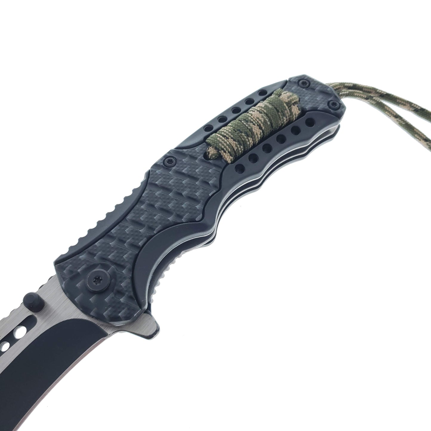 Falcon 8" Spring Assisted Knife Black Carbon Fiber Handle w/ paracord