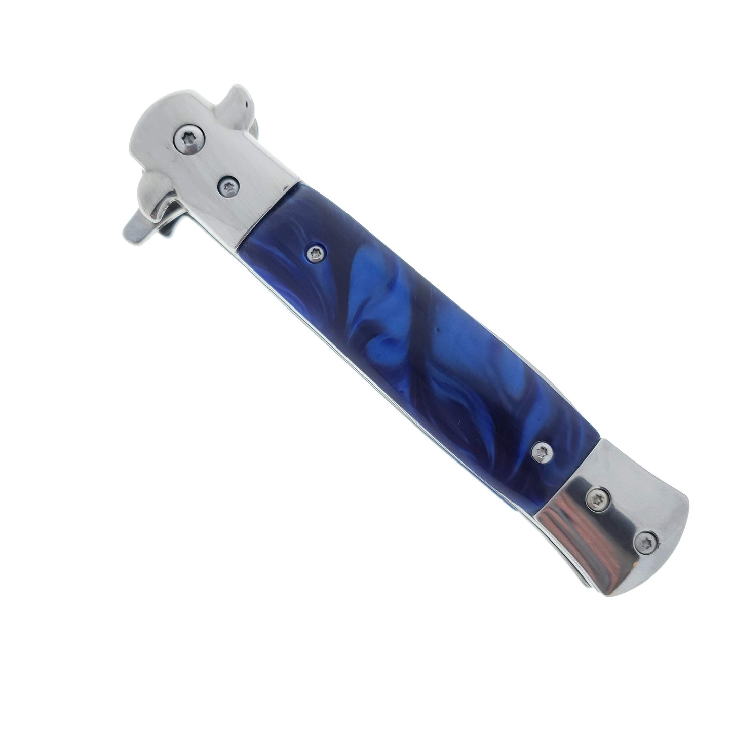 Falcon 9" Spring Assisted Stiletto Knife w/ Blue Acrylic handle.