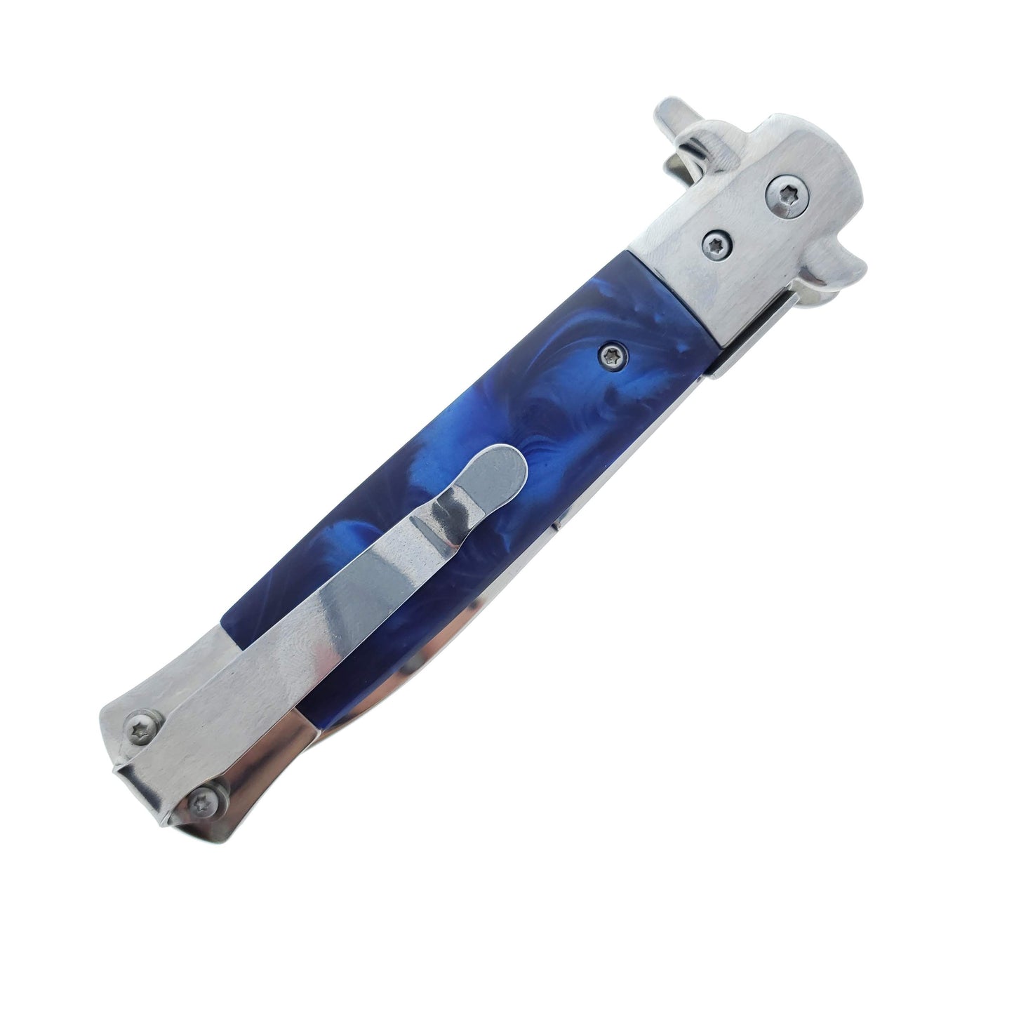 Falcon 9" Spring Assisted Stiletto Knife w/ Blue Acrylic handle.