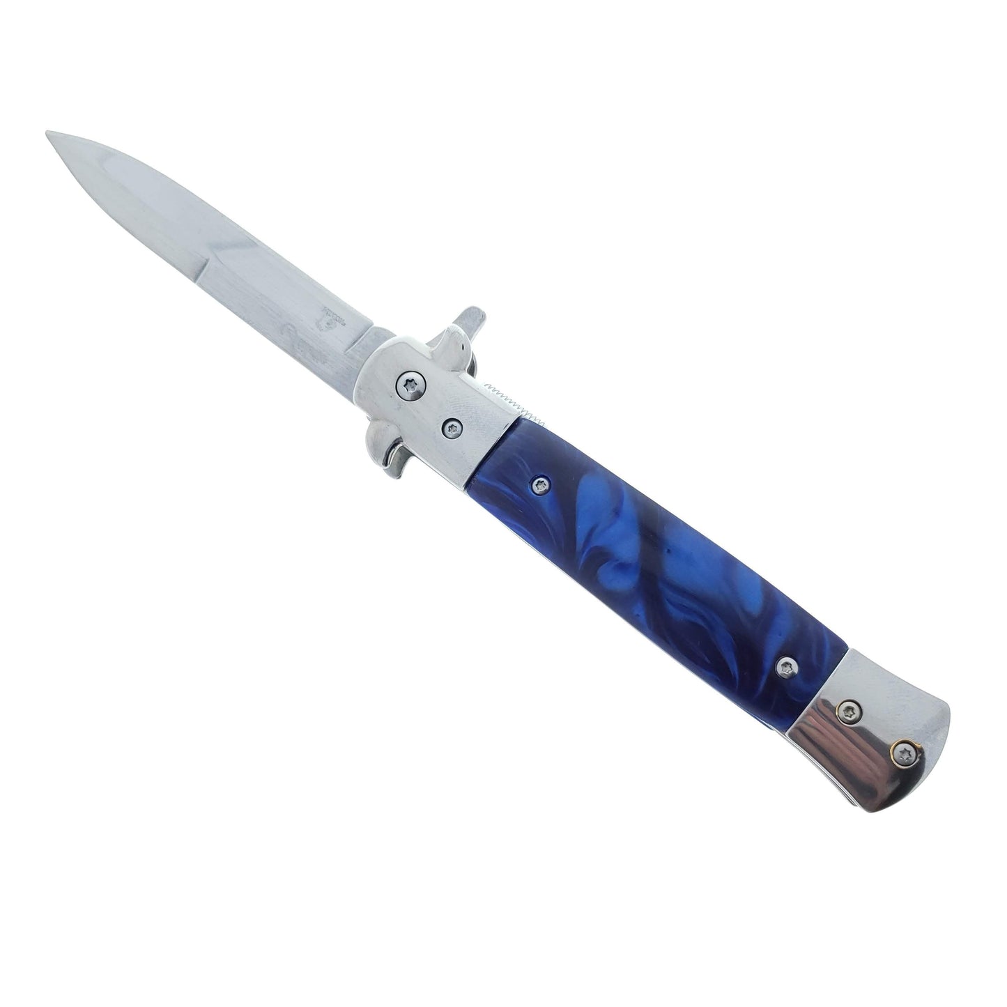 Falcon 9" Spring Assisted Stiletto Knife w/ Blue Acrylic handle.