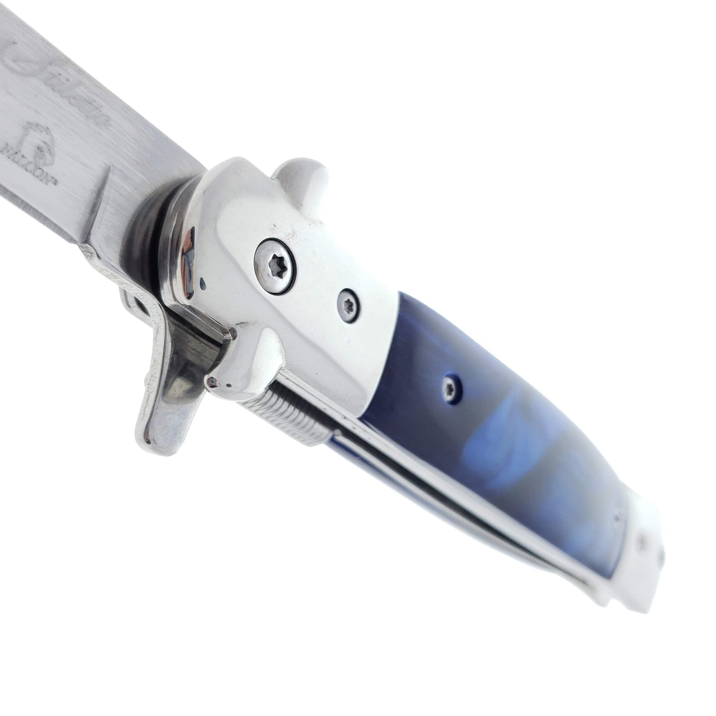 Falcon 9" Spring Assisted Stiletto Knife w/ Blue Acrylic handle.