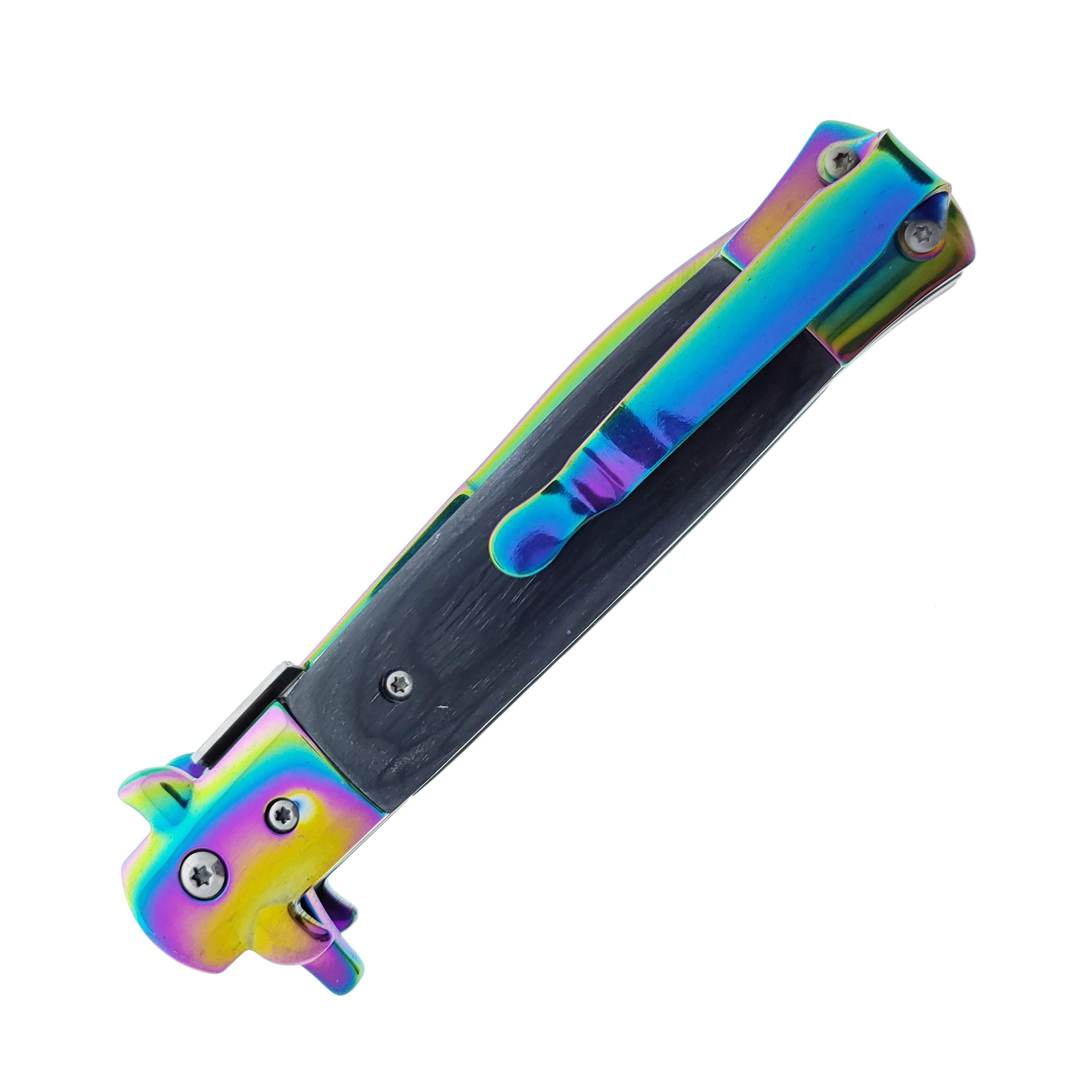 Falcon 9" Spring Assisted Stiletto Knife w/ Black Acrylic handle.