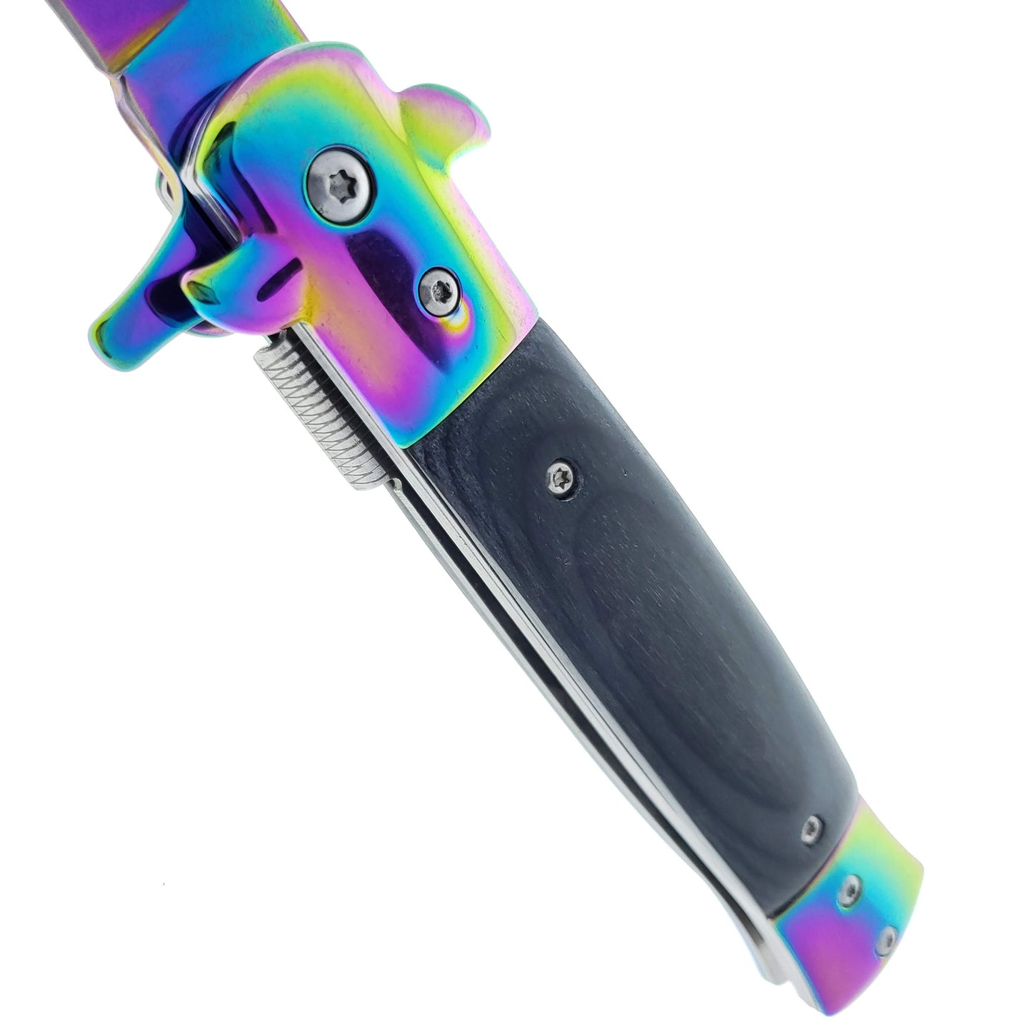 Falcon 9" Spring Assisted Stiletto Knife w/ Black Acrylic handle.