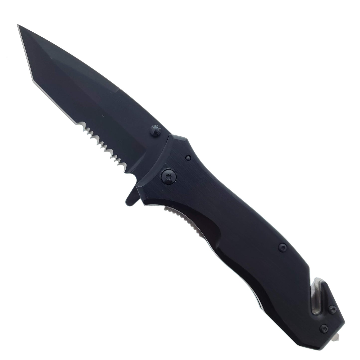 8" Black Folding Knife with seat belt cutter and glass breaker