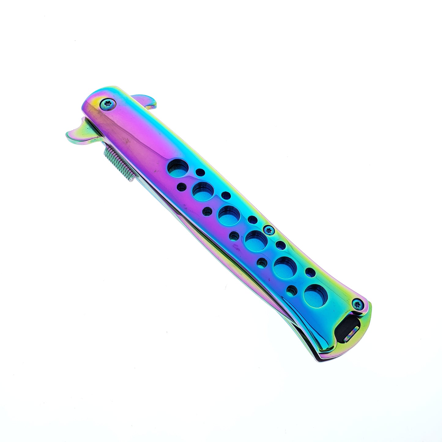 Falcon 9" Overall Metal Spring Assisted Knife With Rainbow Coating